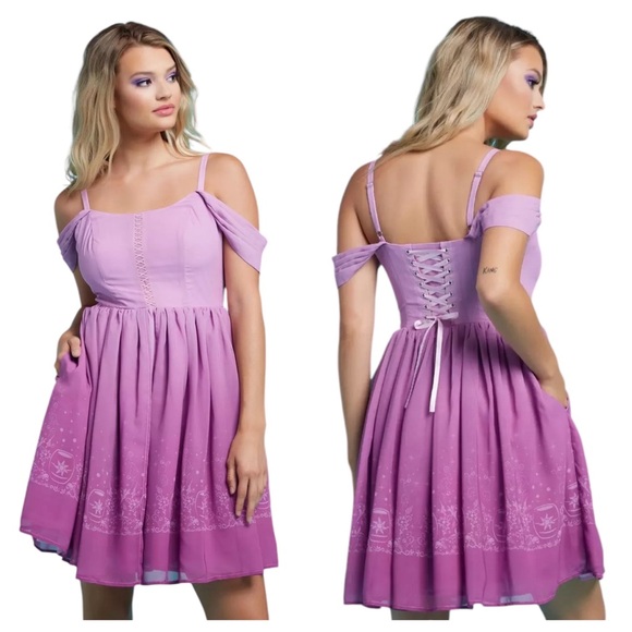 Disney Dresses & Skirts - Disney Lavender Off-Shoulder Lace-Up Skater Dress